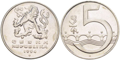 Чехия 5 крон 1994 чешский лев, Карлов мост KM 8 сталь плакированная никелем 4514-725