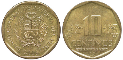Перу 10 сентимо 2008 KM 305.4 латунь aUNC 4605-613