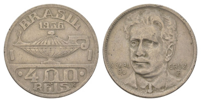 Бразилия 400 реалов 1936 Освалду Крус KM 539 медно-никель 4624-1213