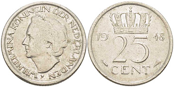 НИДЕРЛАНДЫ 25 ЦЕНТОВ 1948 ВИЛЬГЕЛЬМИНА (1890-1948) KM 177 никель 211-622