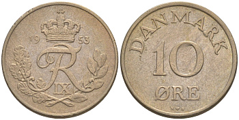 Дания 10 эре 1953 N; S, Фредерик IX (1947-1972) KM 841.1 медно-никель aUNC 187-629