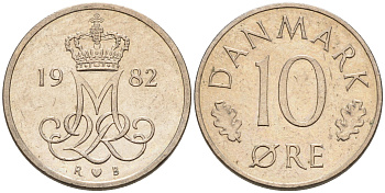 Дания 10 эре 1982 R; B, Маргрете  II (1972-2024) KM 860.3 медно-никель 4564-1236