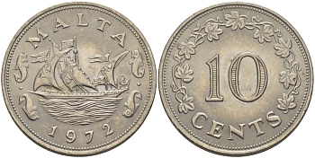 Мальта 10 центов 1972 баржа Великого магистра KM 11 медно-никель 82-631