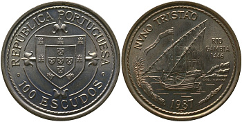 Португалия 100 эскудо 1987 INCM, Золотой век открытий - Нуну Триштан KM 640 медно-никель aUNC 4587-1123