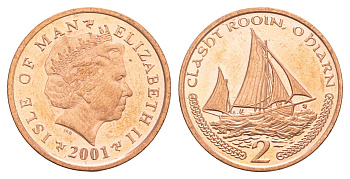 Остров Мэн 2 пенса 2001 Елизавета II (1952-2022) KM 1037 сталь плакированная медью UNC 4654-651