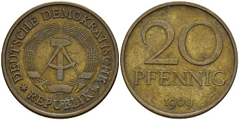 ГДР 20 пфеннигов 1969 A, первый год KM 11 латунь 92-523