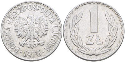 ПОЛЬША 1 ЗЛОТЫЙ 1976 КРЕМНИЦА KM 49.1, Parchimowicz 213n алюминий 216-827