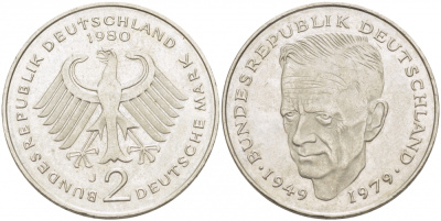 ФРГ 2 МАРКИ 1980 J, КУРТ ШУМАХЕР KM 149, J. 424 медно-никель плакированный никелем 3718-1031
