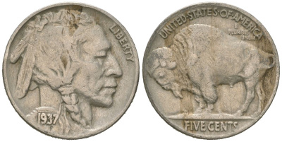 США 5 центов 1937 индеец, бизон KM 134 медно-никель 4602-356