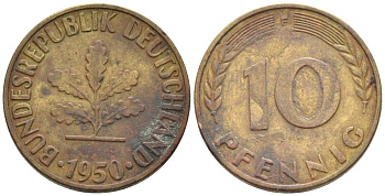 ФРГ 10 пфеннигов 1950 F KM 108 сталь плакированная латунью 4577-432