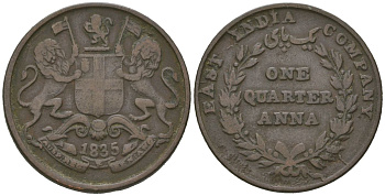 Британская Индия 1/4 анны 1835 KM 446 медь 98-1217