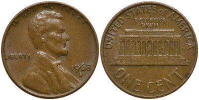 США 1 ЦЕНТ 1968 D, ЛИНКОЛЬН KM 201 медь цинк 211-958