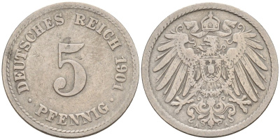 Германия 5 пфеннигов 1901 A KM 11, J. 12 медно-никель 4151-428