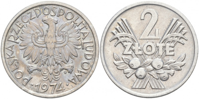 ПОЛЬША 2 ЗЛОТЫХ 1974 MW KM 46 алюминий 69-326