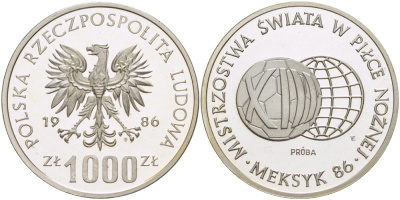 Польша 1000 злотых 1986 MW, чемпионат мира по футболу в Мексике 1986 года, футбольный мяч и глобус, PROBA, тираж 9000 экземпляров KM Pr 541, Parchimowicz P.486a серебро PROOF 1085-2-21