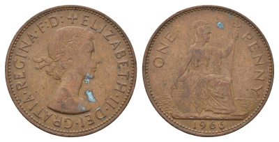 Великобритания 1 пенни 1966 Елизавета II (1952-2022) KM 897, Spink 4157 бронза 221-924