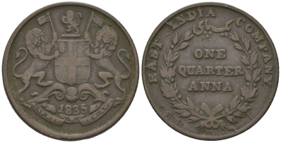 Британская Индия 1/4 анны 1835 KM 446 медь 98-1217
