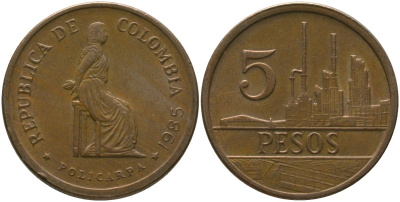 Колумбия 5 песо 1985 KM 268 бронза 4538-241
