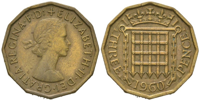 Великобритания 3 пенса 1960 Елизавета II (1952-2022) KM 900, Spink 4153 никель латунь aUNC 4163-821