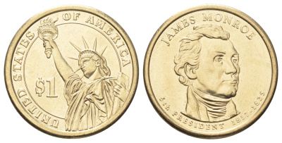 США 1 доллар 2008 Президент США - Джеймс Монро (1817-1825) KM 426 медь с марганцево-латунным покрытием UNC 4666-946