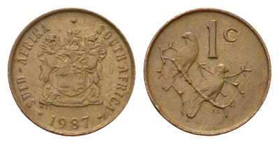 ЮАР 1 цент 1987 герб, капские воробьи KM 82 бронза 4690-1246