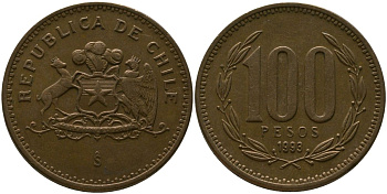 Чили 100 песо 1993 So KM 226.2, Schon 71 алюминиевая бронза 4544-1147