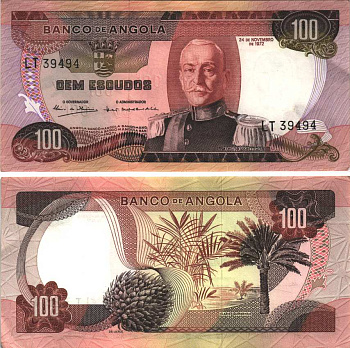 АНГОЛА 100 ЭСКУДО 1972 24 НОЯБРЯ 1972, МАРШАЛ КАРМОНА Pick 101 бумага aUNC 7116-46-1-1