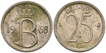 Бельгия 25 сантимов 1968 Belgique, Бодуэн I (1951-1993) KM 153.1 медно-никель 4564-929
