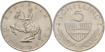 Австрия 5 шиллингов 1974 KM 2889a медно-никель 4177-622