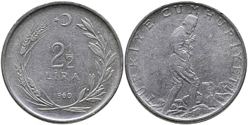 ТУРЦИЯ 2 1/2 ЛИРЫ 1960 KM 893.1 нержавеющая сталь 29-1014