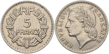 Франция 5 франков 1935 KM 888 никель 4144-421