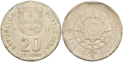 ПОРТУГАЛИЯ 20 ЭСКУДО 1986 INCM KM 634.1 медно-никель 4551-1033