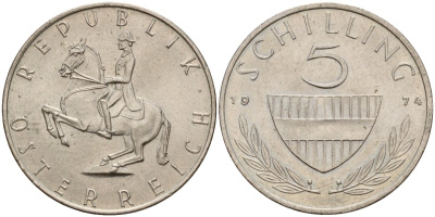 Австрия 5 шиллингов 1974 KM 2889a медно-никель 4177-622