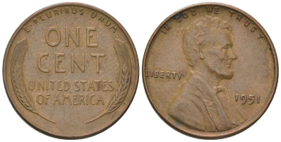 США 1 цент 1951 Линкольн KM 132 бронза 4567-746