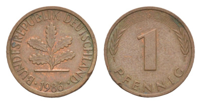 ФРГ 1 пфенниг 1986 D KM 105, J.380 сталь плакированная медью 4630-1148