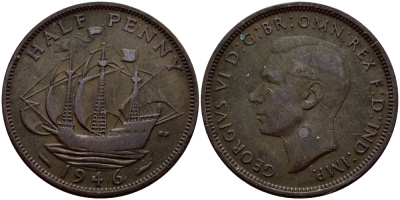 Великобритания 1/2 пенни 1946 Георг VI (1936-1952) KM 844, Spink 4115 бронза 56-1455