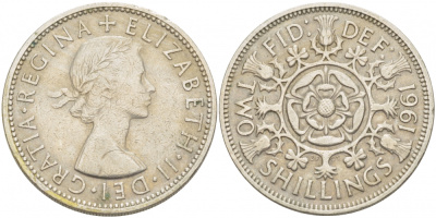 Великобритания 2 шиллинга (флорин) 1961 Елизавета II (1952-2022) KM 906, Spink 4146 медно-никель 215-226
