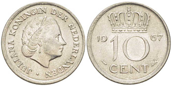 НИДЕРЛАНДЫ 10 ЦЕНТОВ 1967 ЮЛИАНА (1948-1980) KM 182 никель 214-1227