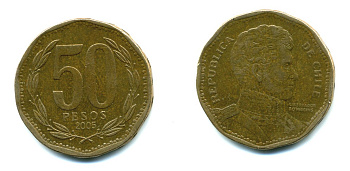 Чили 50 песо 2005 Бернардо О’Хиггинс KM 219.2 алюминиевая бронза 36-1212