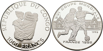 Конго 1000 франков 1996 XVI чемпионат мира по футболу 1998 года во Франции, два игрока KM 26 серебро PROOF 00-00