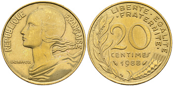 Франция 20 сантимов 1988 тип Marianne KM 930 медь алюминий никель    4177-131