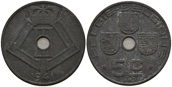 Бельгия 5 сантимов 1941 Belgie - Belgique, Леопольд III (1934-1947), германская оккупация, Вторая мировая война KM 124 цинк 4160-1128