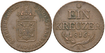 Австрия 1 крейцер 1816 A, Франц II (1792-1835) KM?2113 медь 110-423