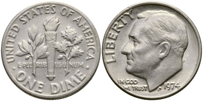 США 10 центов (дайм) 1974 Франклин Рузвельт KM 195а медь плакированная медно-никелем 54-849