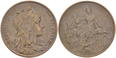 ФРАНЦИЯ 10 САНТИМОВ 1899 ТИП ДАНИЭЛЬ ДЮПЮИ KM 843, LE FRANC 136.8 бронза 180-444