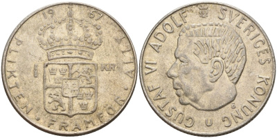 Швеция 1 крона 1967 U, Густав VI Адольф (1950-1973) KM 826 серебро 4150-227