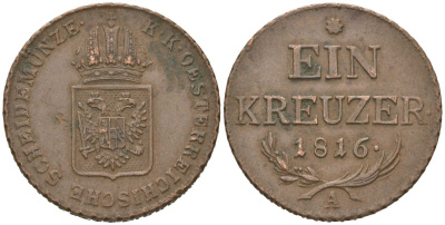 Австрия 1 крейцер 1816 A, Франц II (1792-1835) KM?2113 медь 110-423