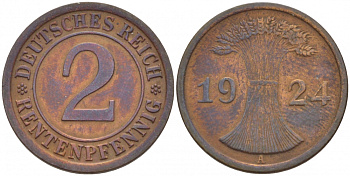 ГЕРМАНИЯ 2 РЕНТЕНПФЕННИГА 1924 A KM 31, J.307 бронза 110-235