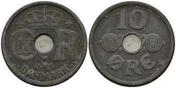 Дания 10 эре 1941 N; S, Кристиан X (1912-1947) KM 822a цинк 4189-743