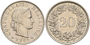 Швейцария 20 раппенов 1961 B KM 29a медно-никель 4606-754